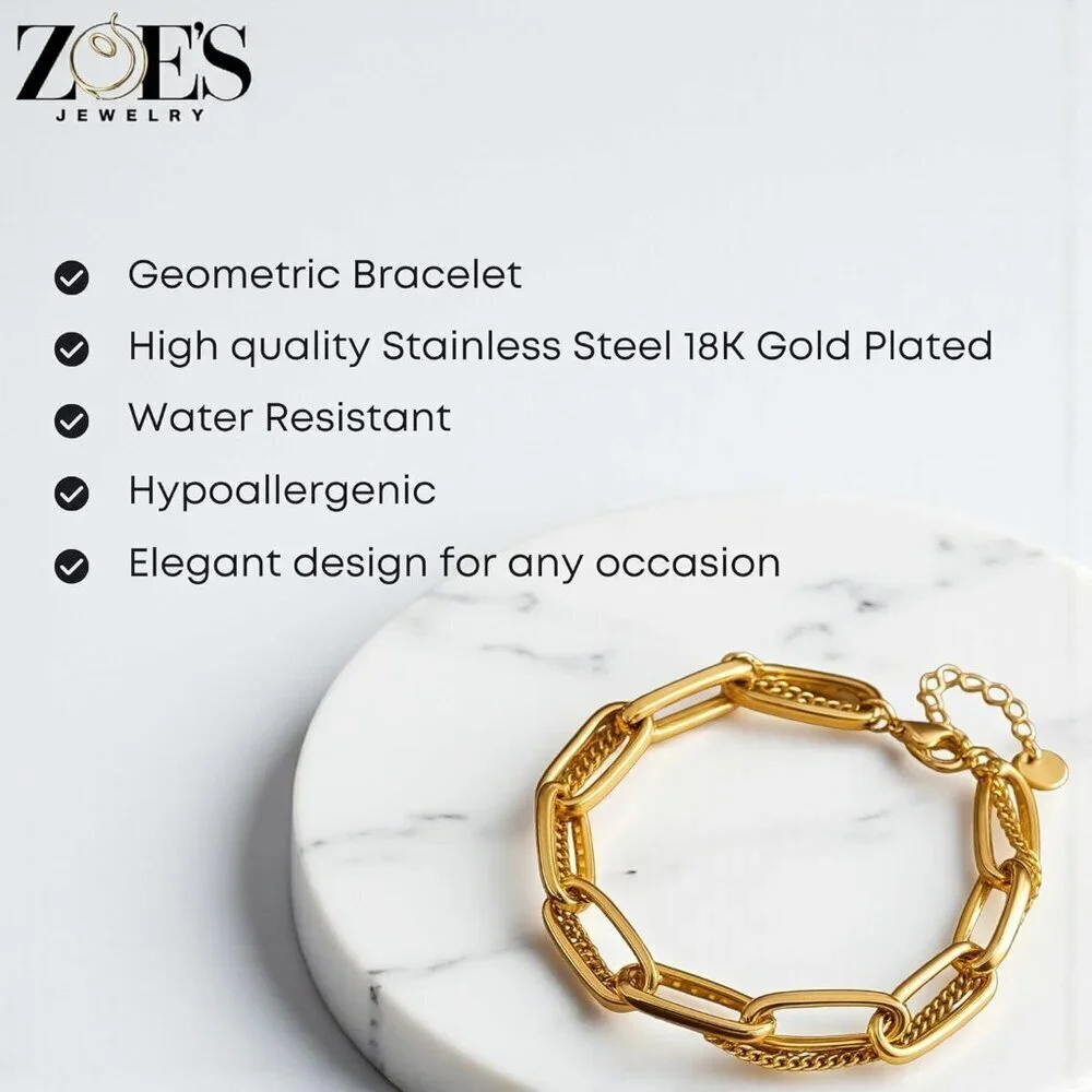 Water-Resistant 18K Gold Plated Layered Bracelet Women Stainless Steel